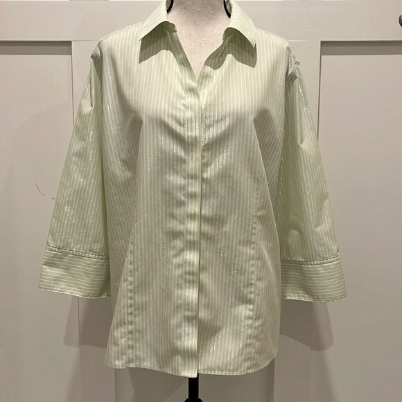 Chico's Green/White/Silver Striped No-Iron LS Blouse - Picture 1 of 8
